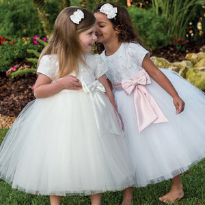Sarah Louise Tulle Dress in White/Pink Bow