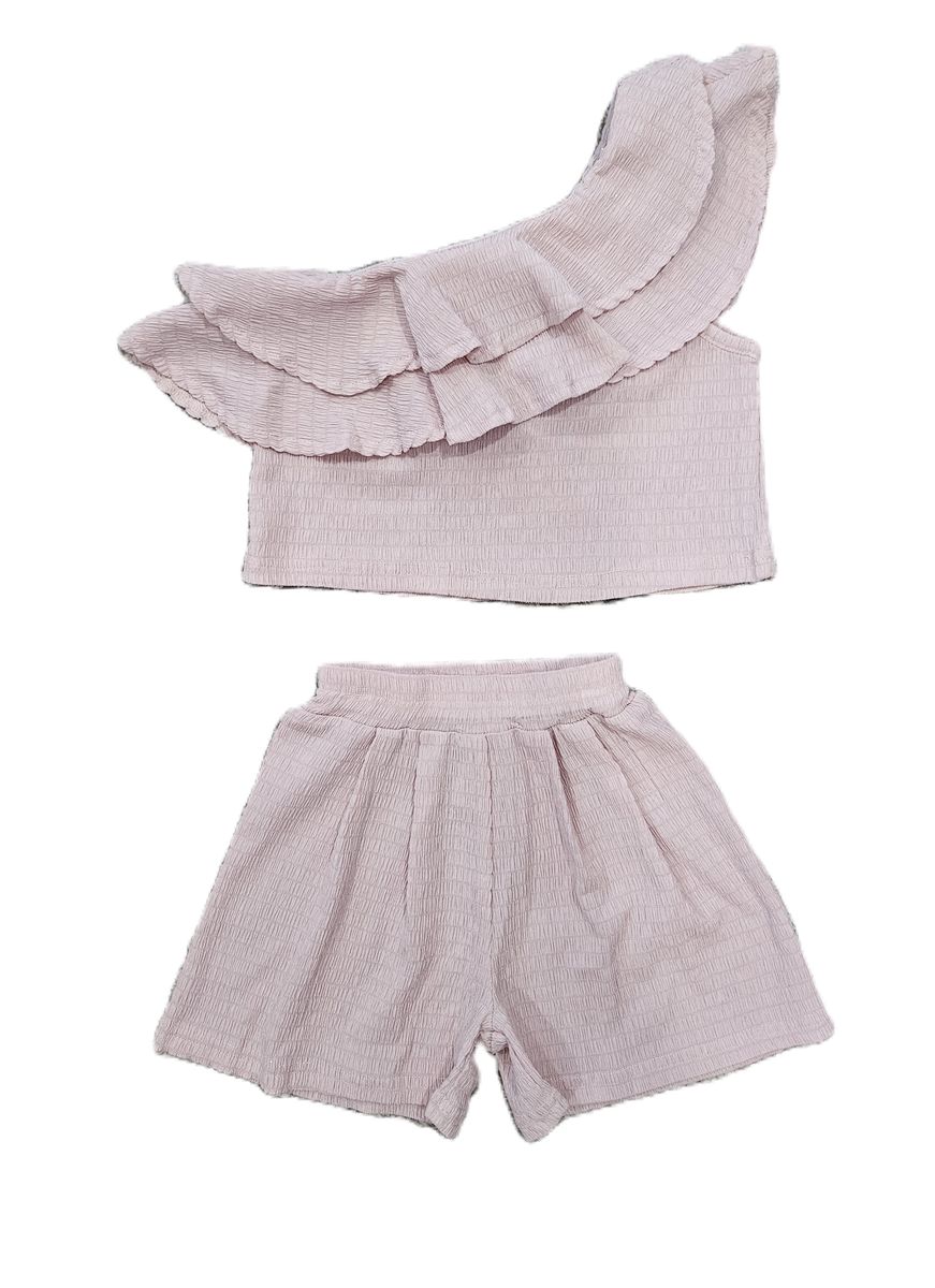 One Shoulder Pink Ruffle Short Set