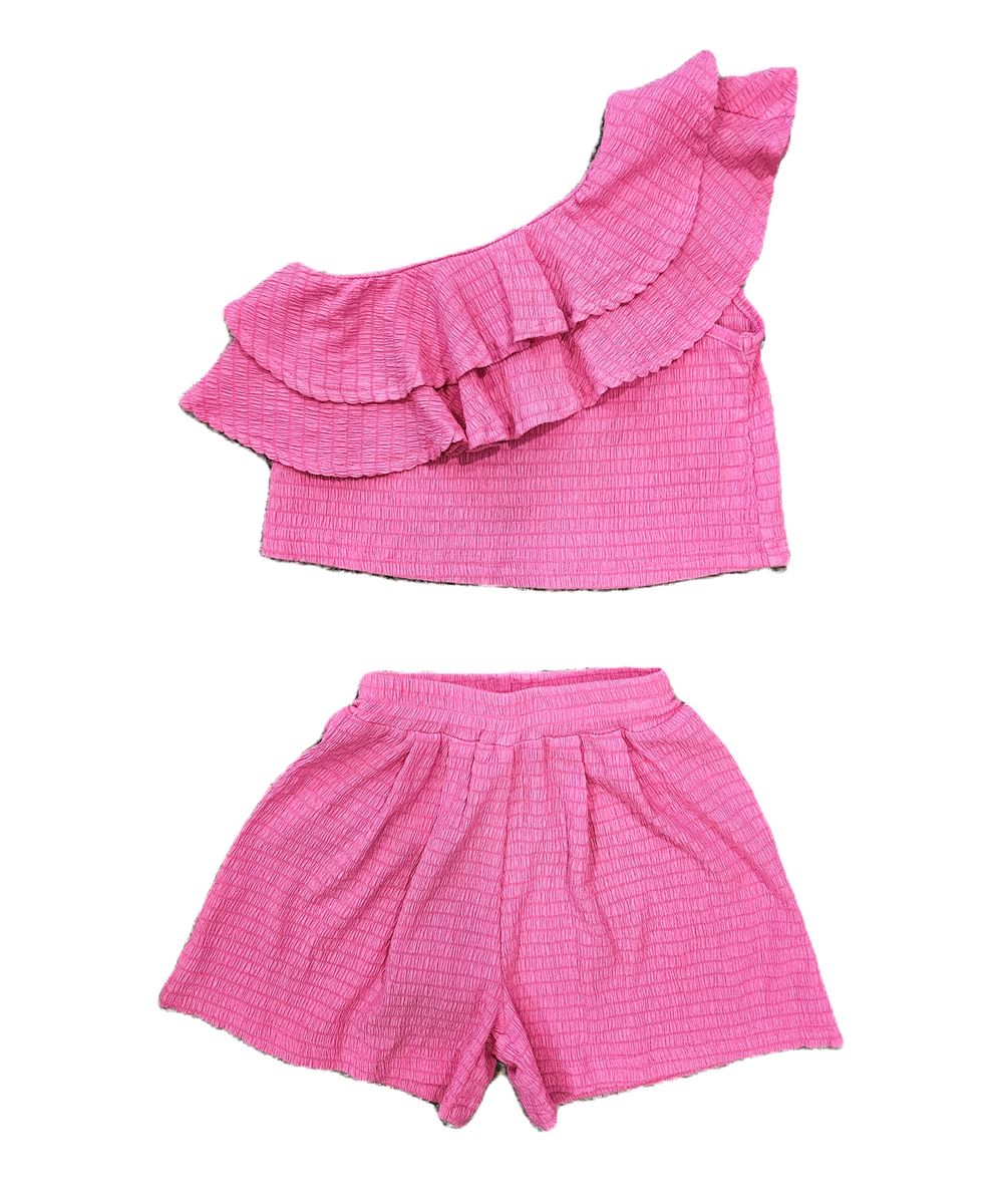 One Shoulder Fuchsia Ruffle Short Set