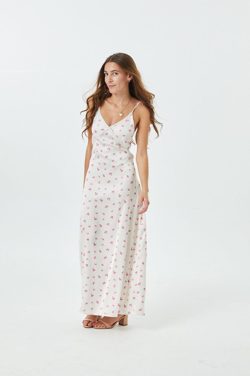 Rose Bow Champagne Satin Maxi Dress