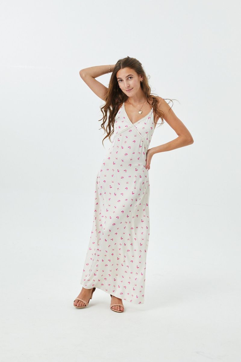 Rose Bow Champagne Satin Maxi Dress