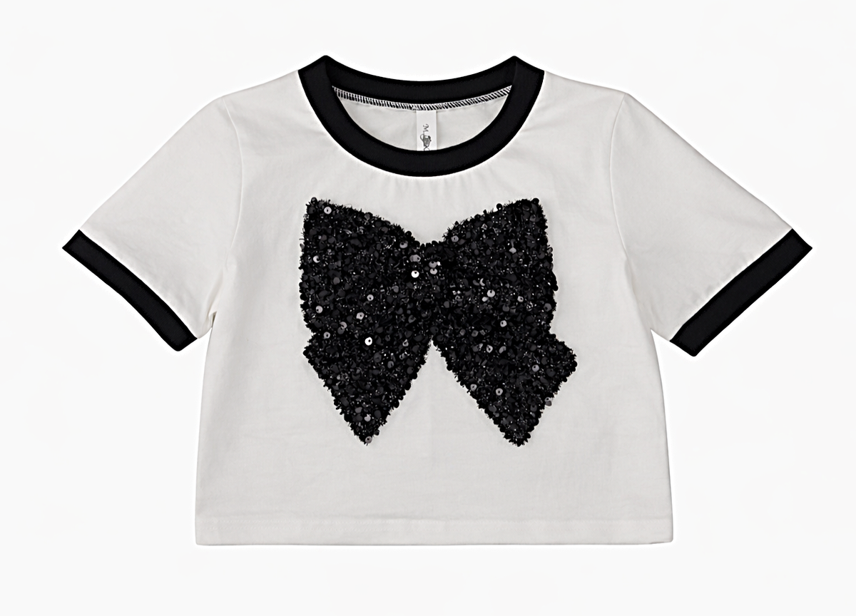 Black Sequin Bow Cropped Shirt