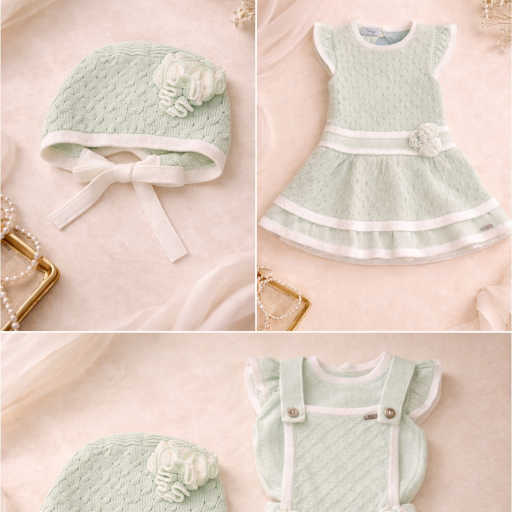 Collage of baby outfits including a dress, bonnet, and romper on a soft pink background.