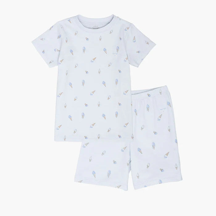 Children's pajama set with short-sleeve top and shorts on a white background