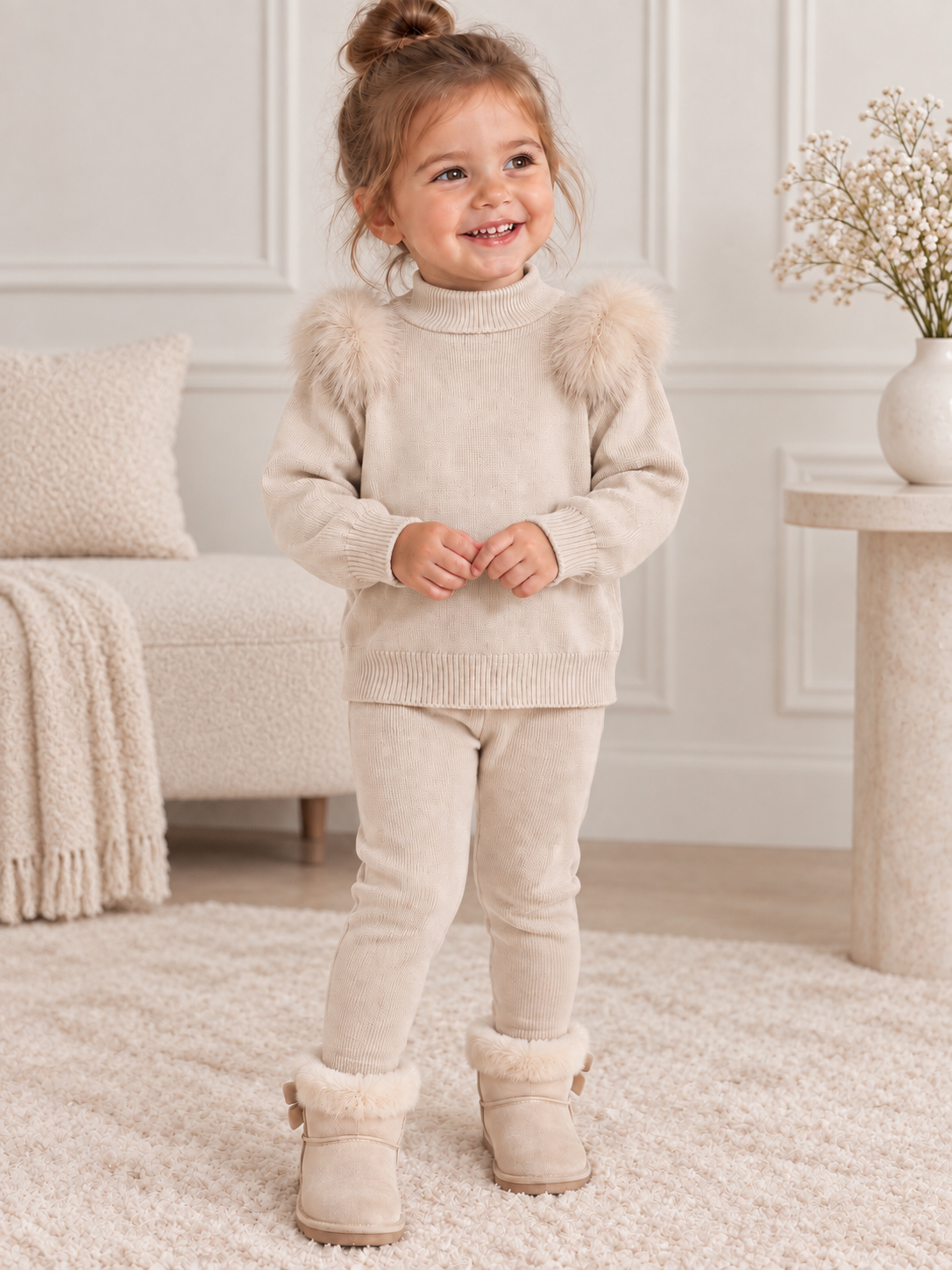 Faux Fur Beige Knit Legging Set