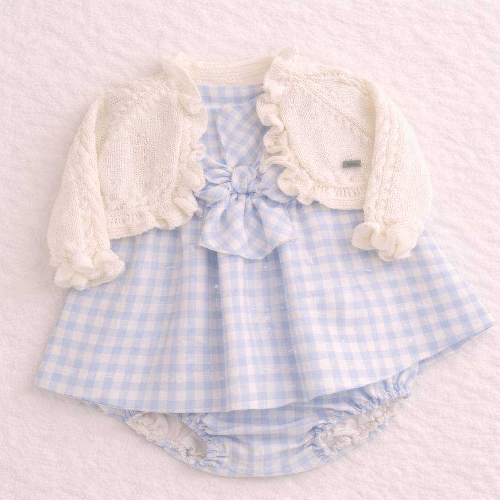 Baby Blue Checkered Dress & Cardigan