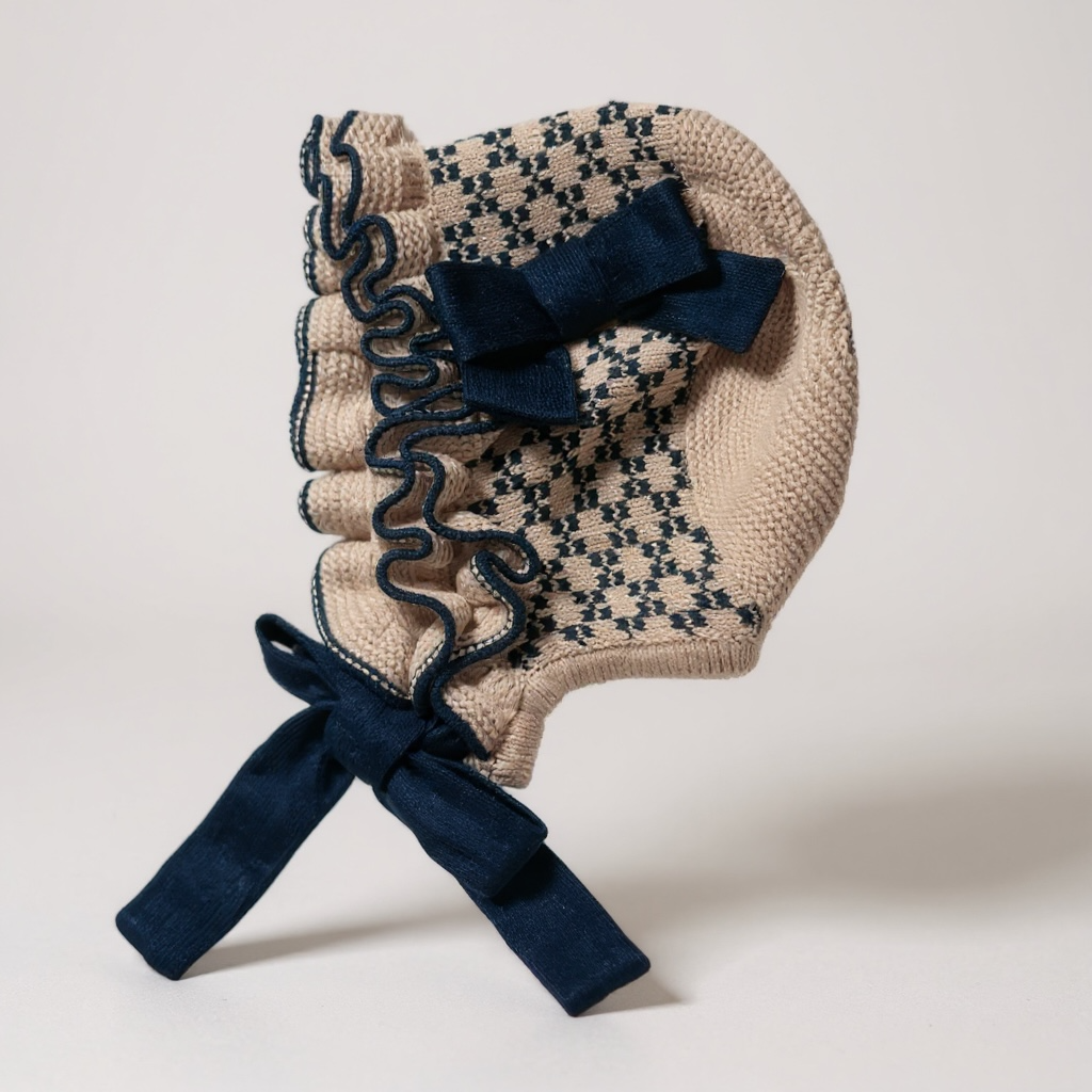 Beige and Navy Check Bonnet