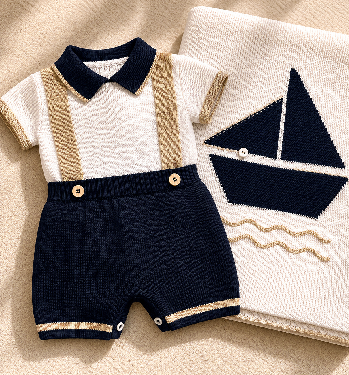 Navy & Beige Knit Romper
