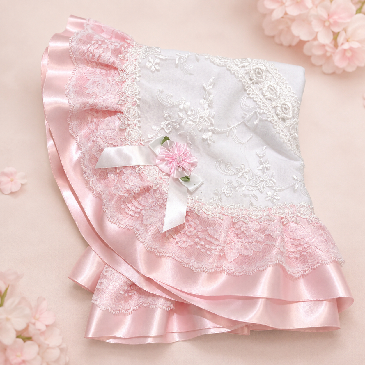 White Lace and Satin Blanket