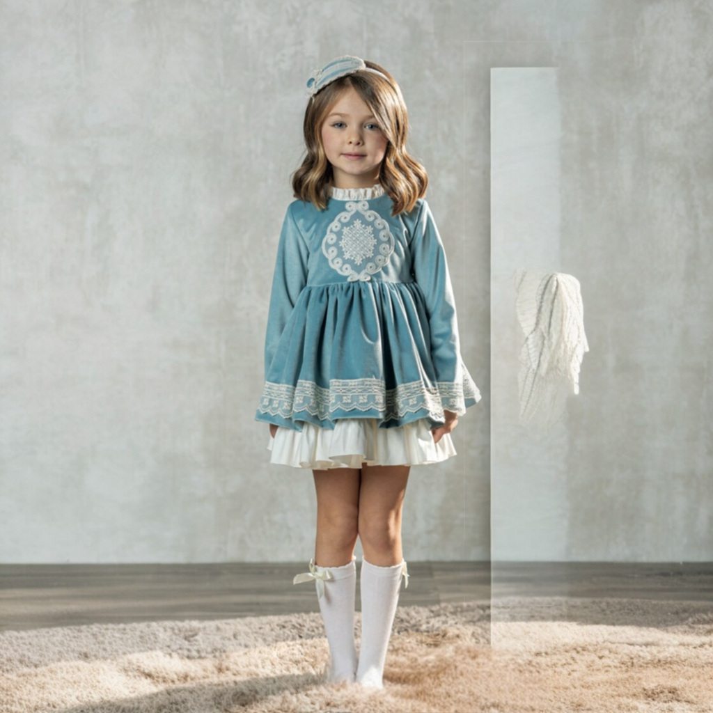 French Blue Girl's Velvet Dress