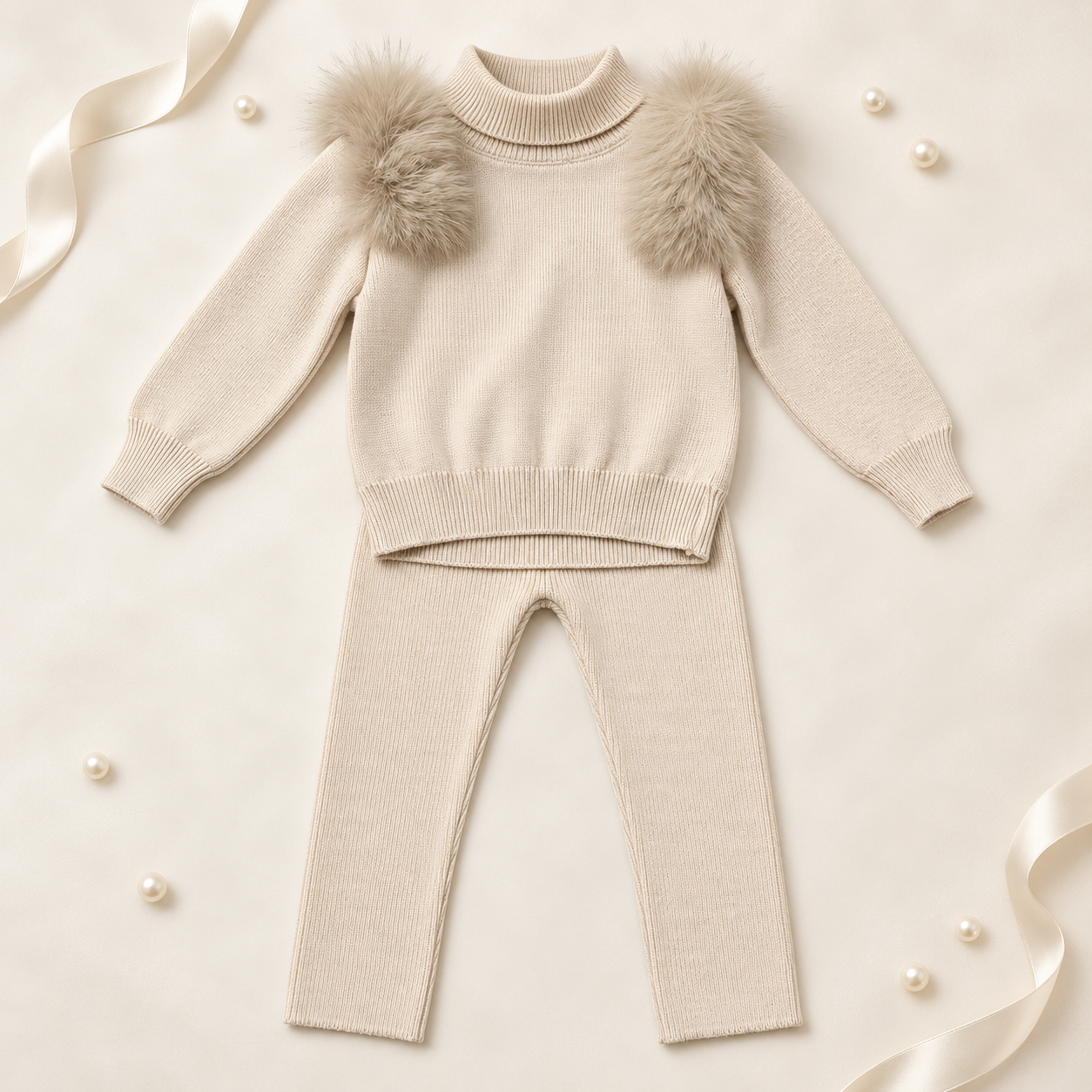 Faux Fur Beige Knit Legging Set