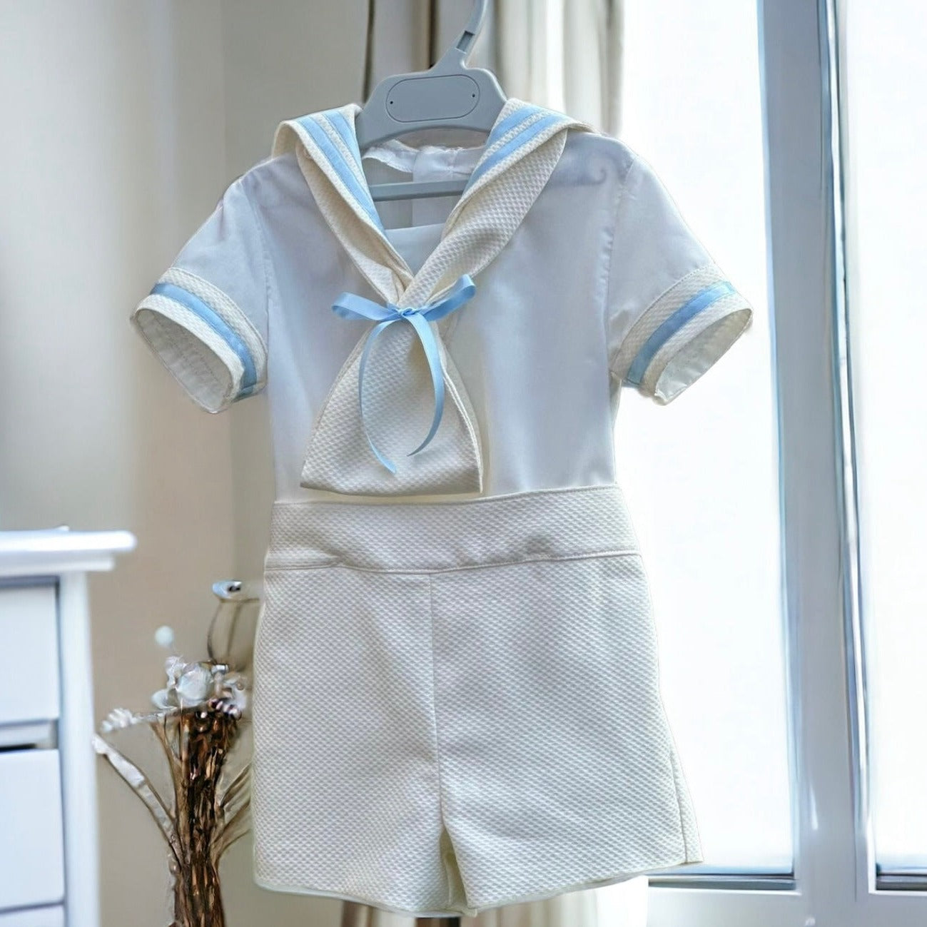 Cream Pique Boys Two Piece Set
