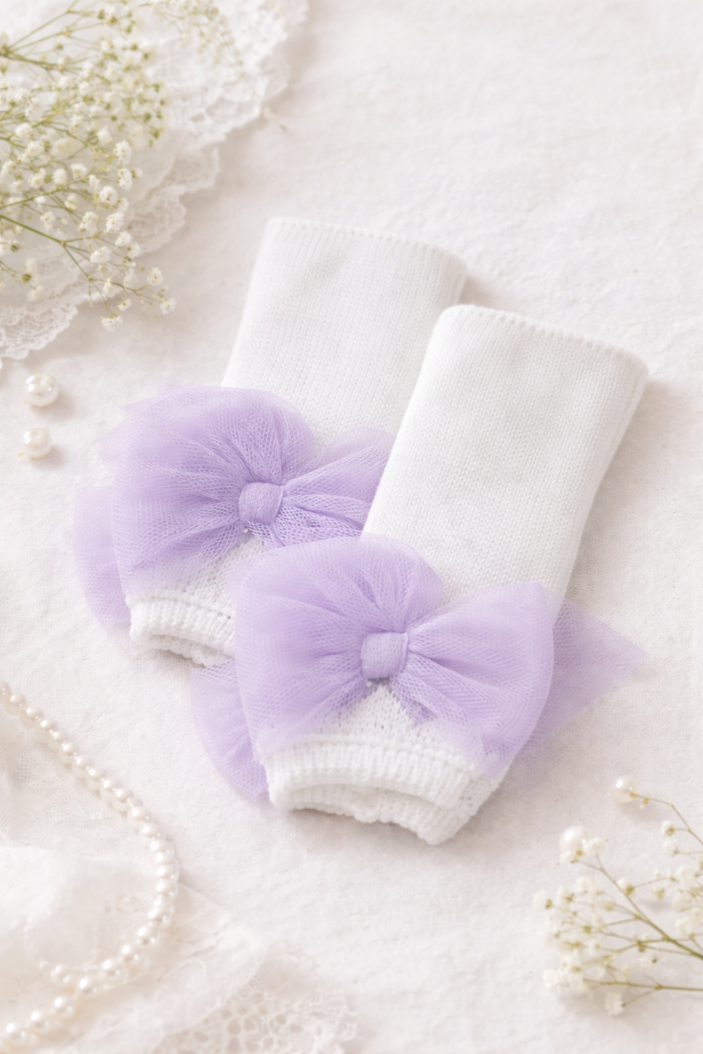 White & Lilac Tulle Bow Socks