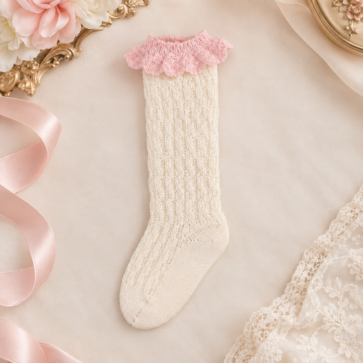 Cream Knit Sock with Baby Pink