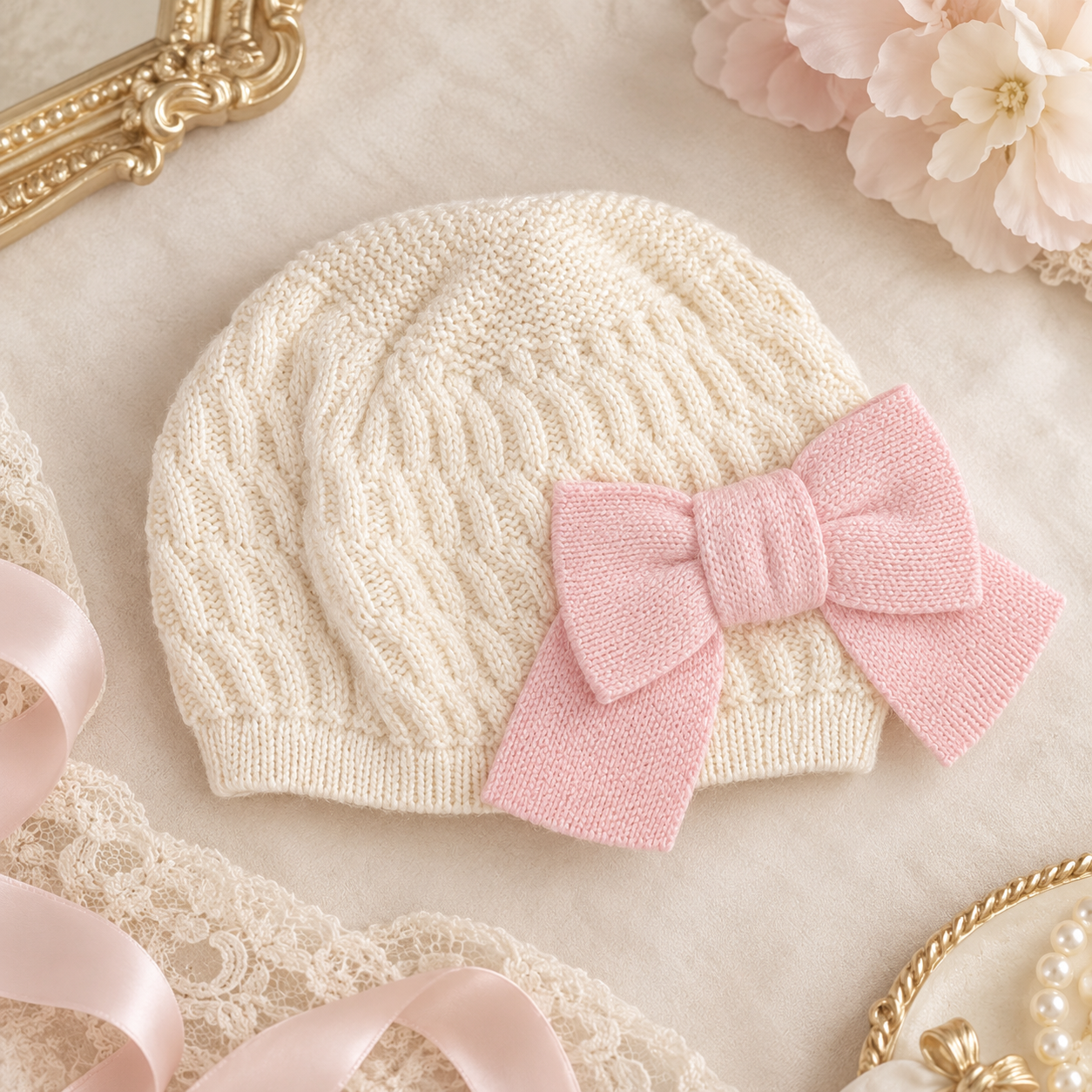 Cream and Baby Pink Knit Beret