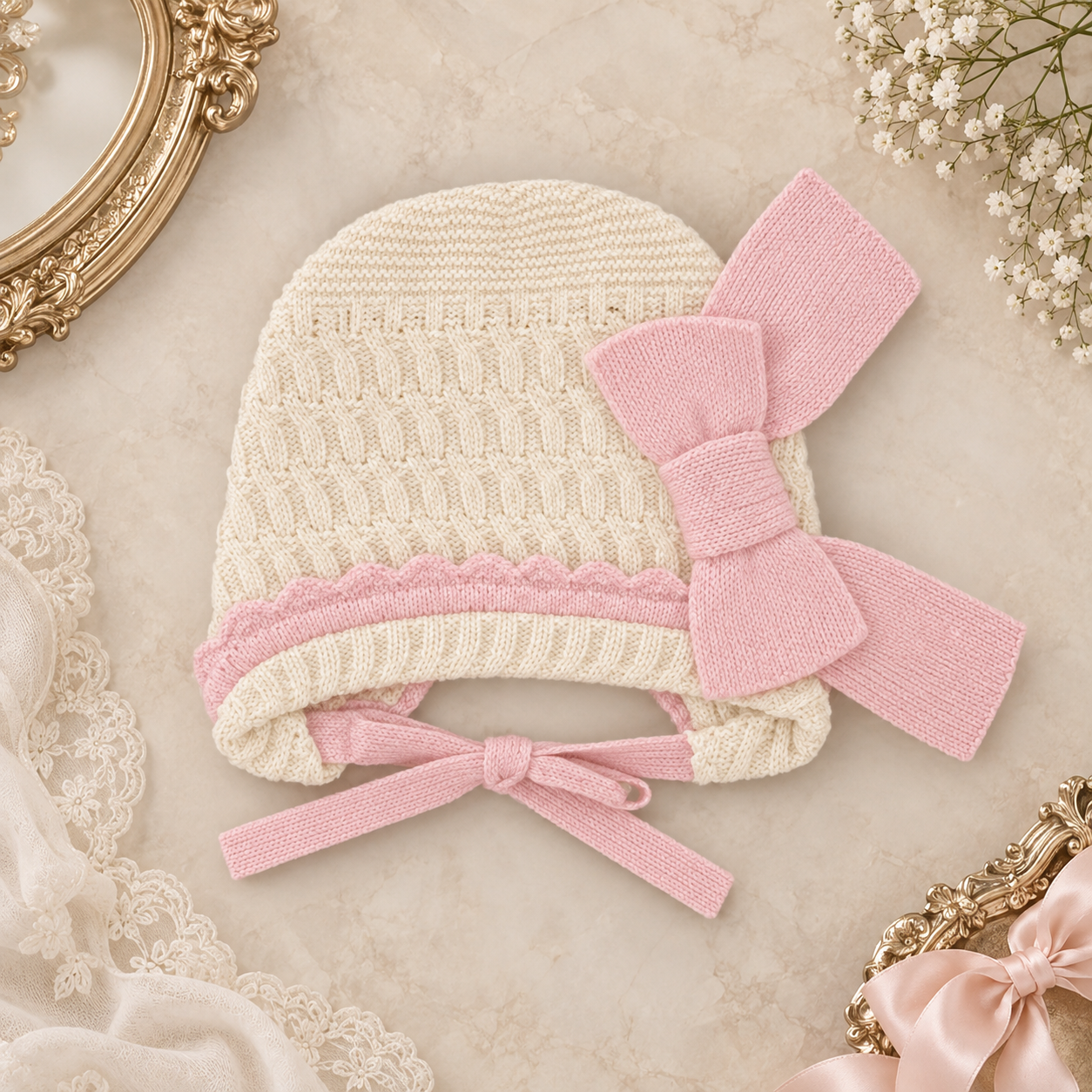 Cream and Baby Pink  Bonnet