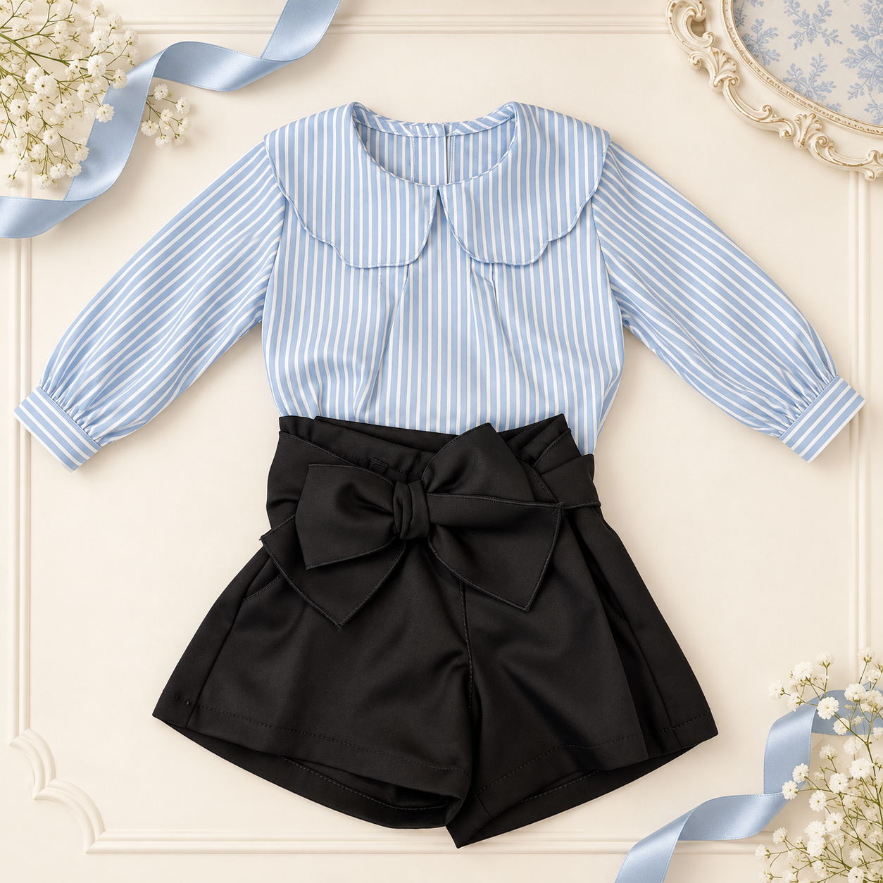 Blue Stripe Blouse and Short Set