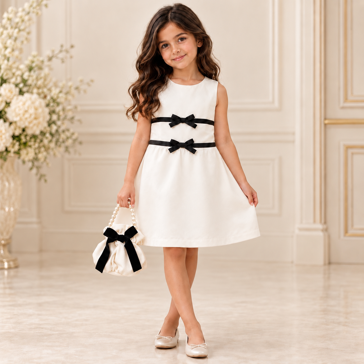 White Velvet Dress with Bows
