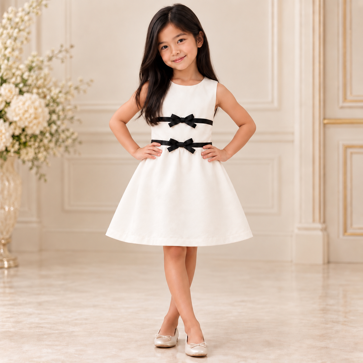 White Velvet Dress with Bows