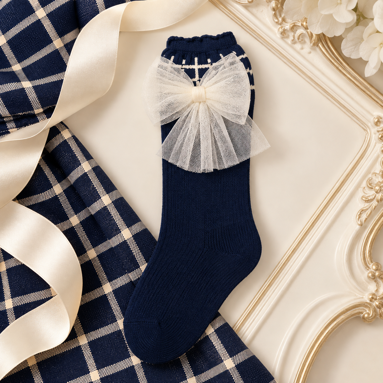 Navy Check Tulle Bow Sock