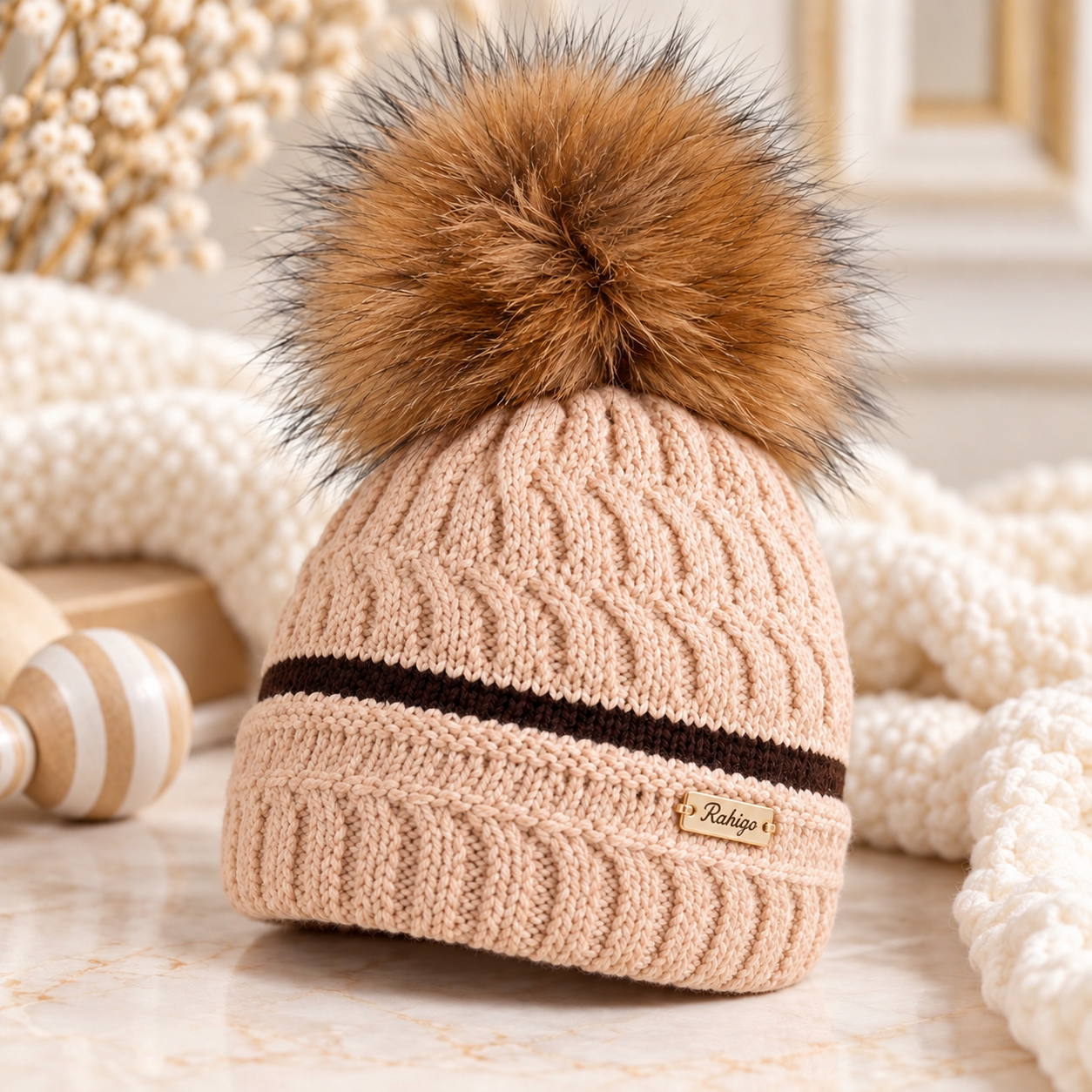 Camel and Chocolate Pom Hat