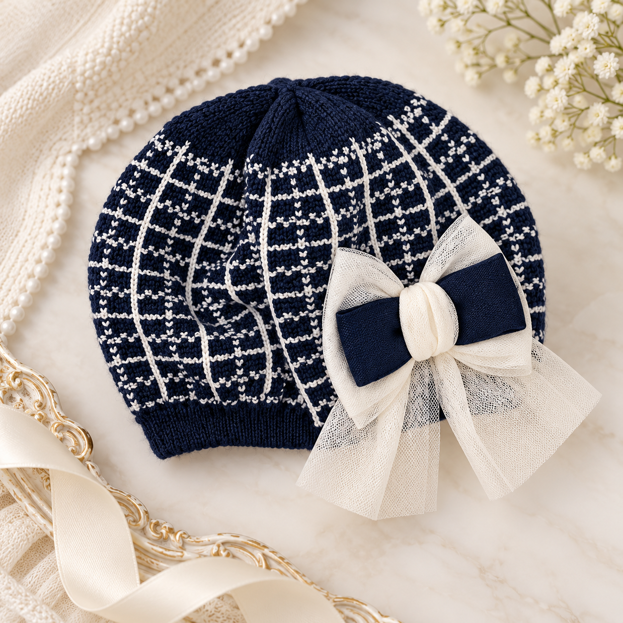 Navy Check Beret