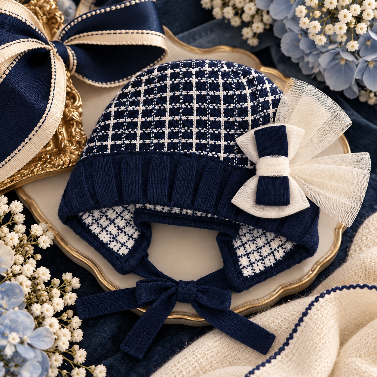 Navy Check Knit Bonnet