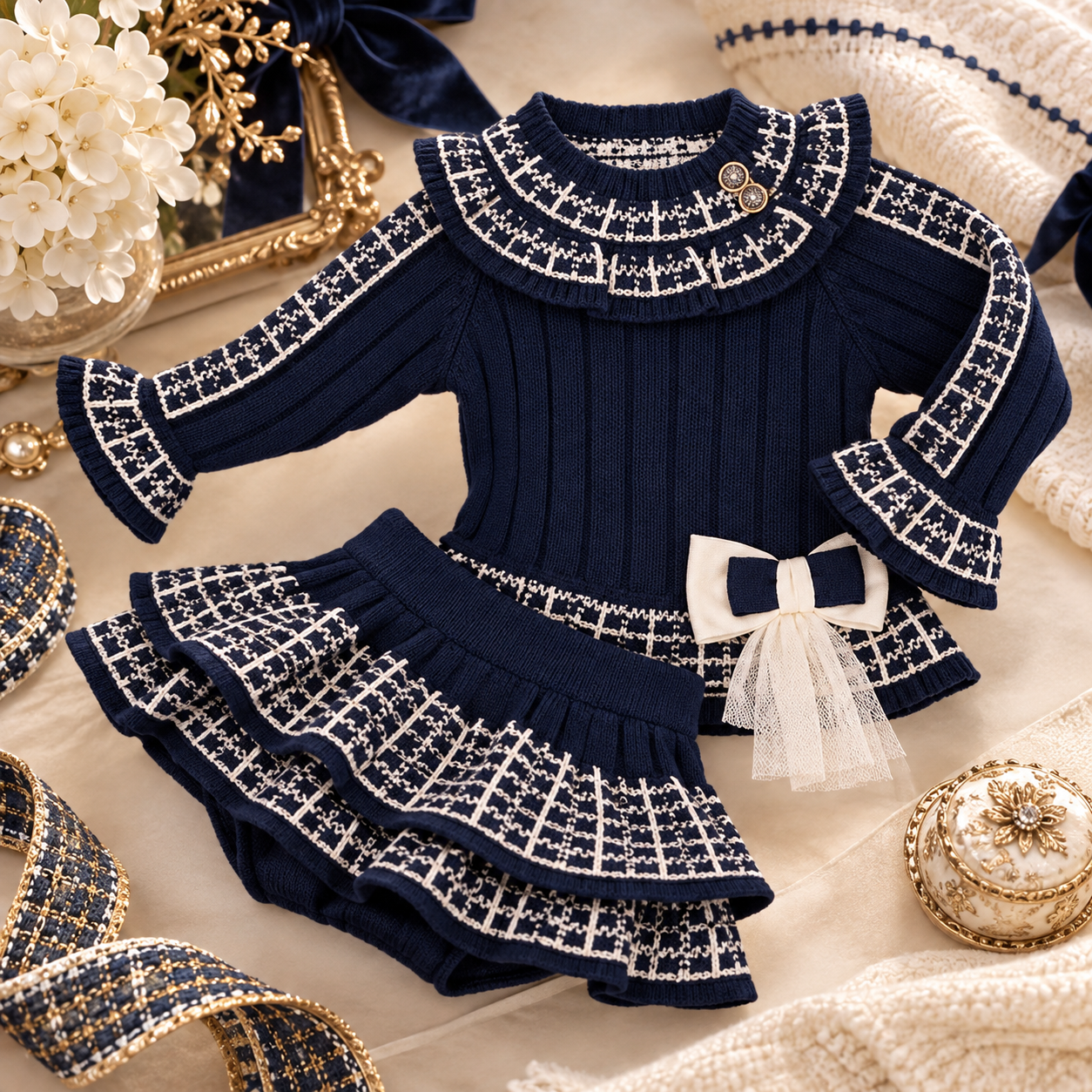 Navy Checkered Bloomer Skirt Set