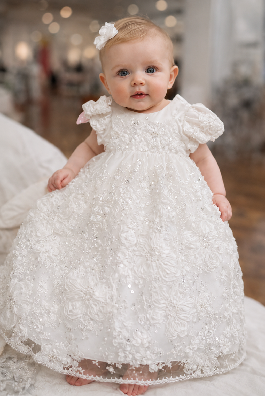 Diamond White Flower Cap Sleeve