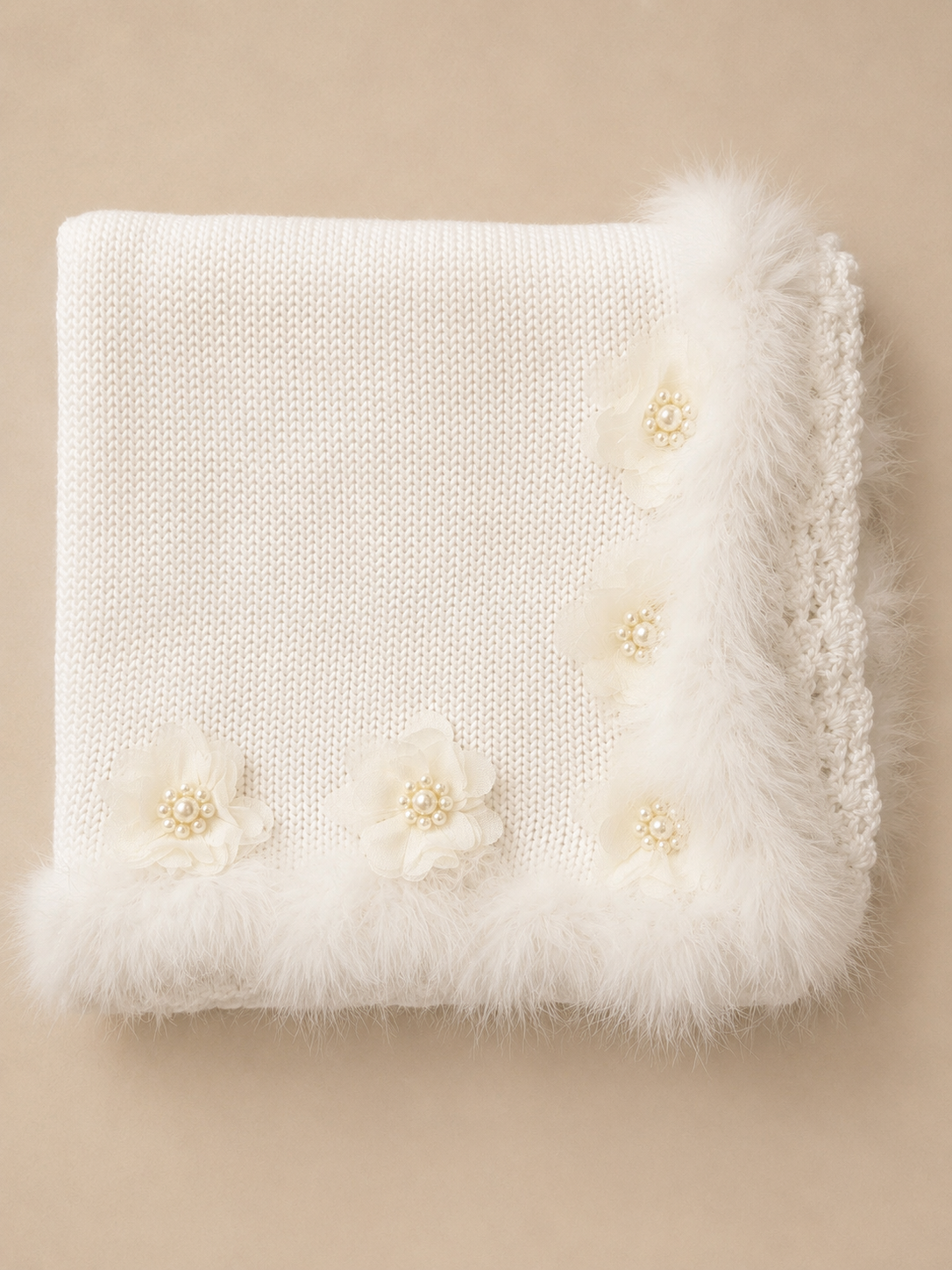 White Crochet Blanket with Marabou Trim and Flowers