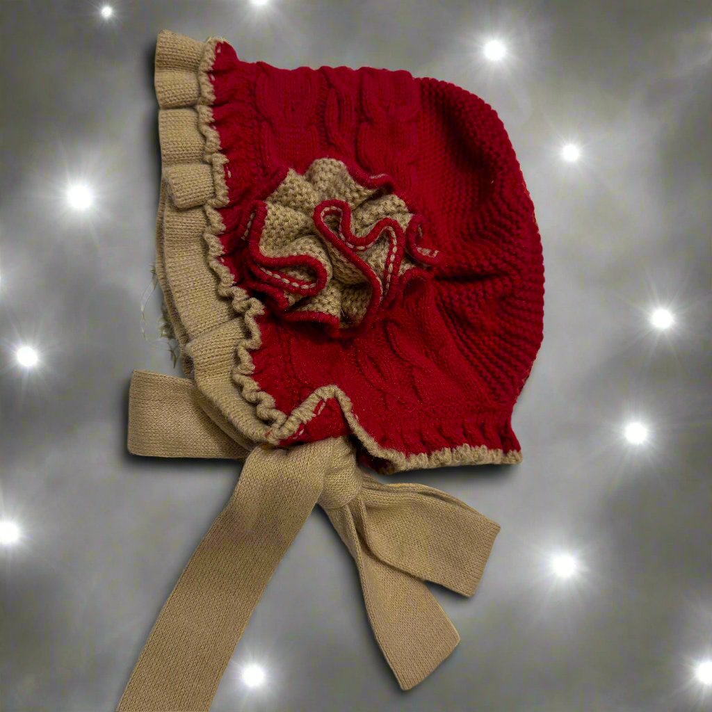 Deep Red and Camel Knit Bonnet