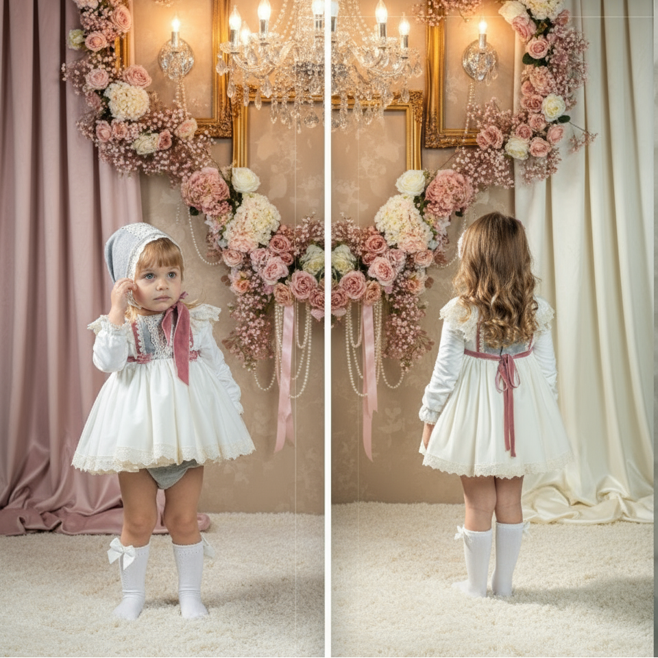 Child wearing a white dress with a pink ribbon and white socks, standing against a neutral background.