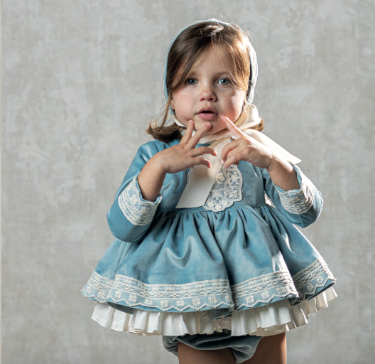French Blue Velvet Puffball Dress