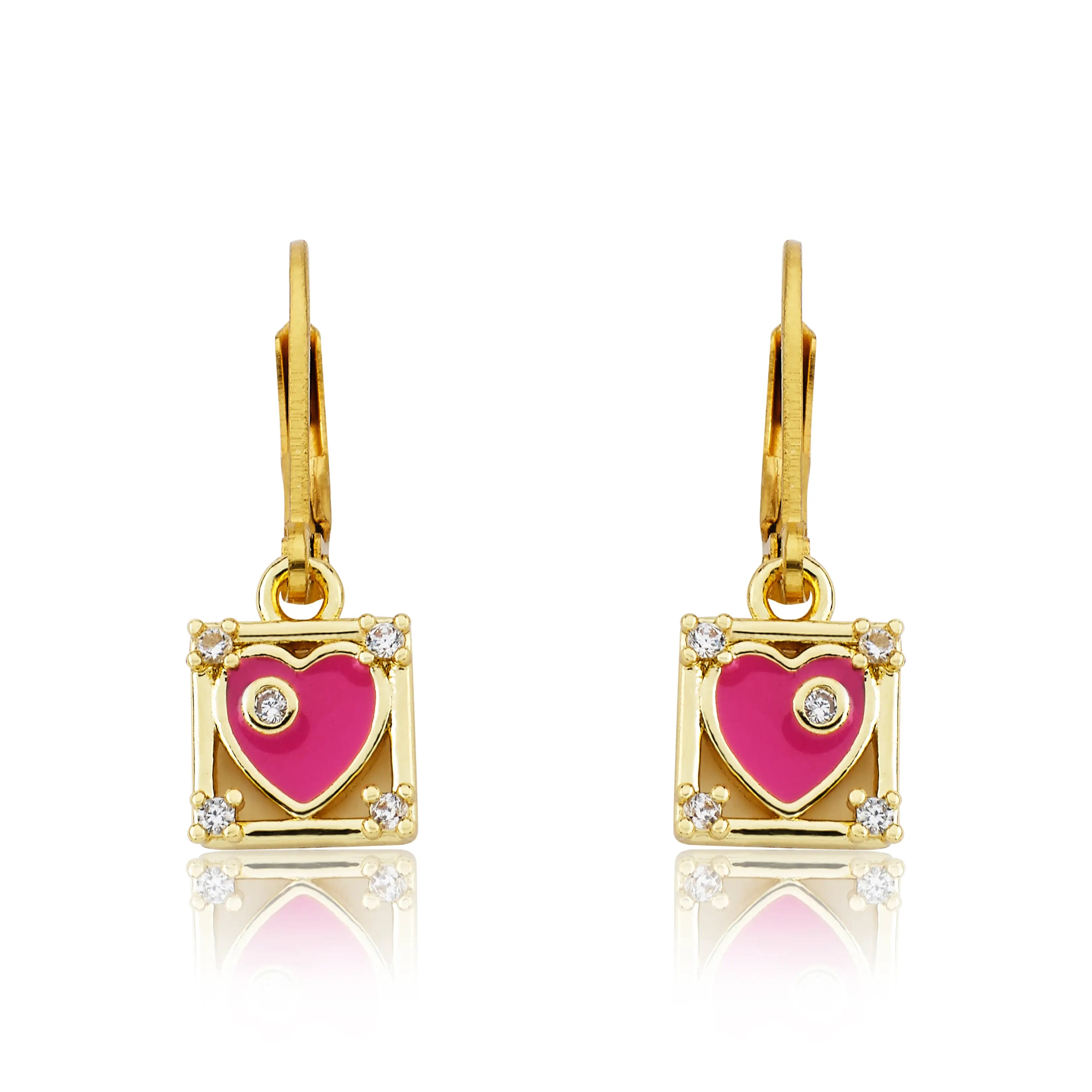 Twin Star Enamel Heart Square Dangle Earring